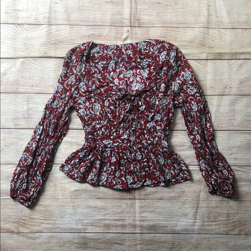 Anthropologie Feather Bone Latrobe floral lace-up smocked peplum‎ blouse